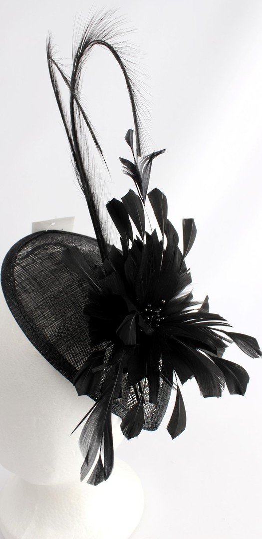 Fascinator with swooped feather and flower black Style : HS3000/BLK image 0